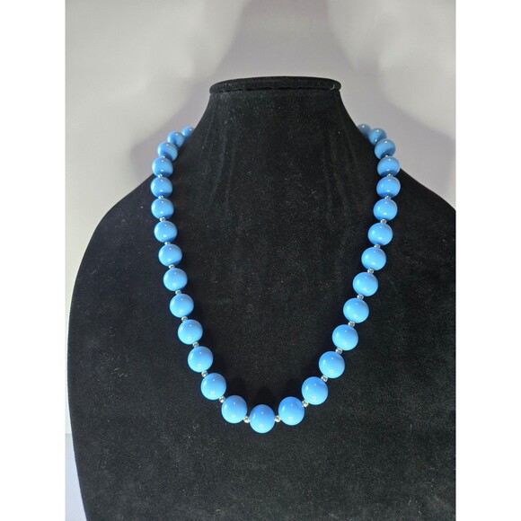 Bright Blue Beaded Necklace Silver Tone Spacer Beads - Picture 1 of 4